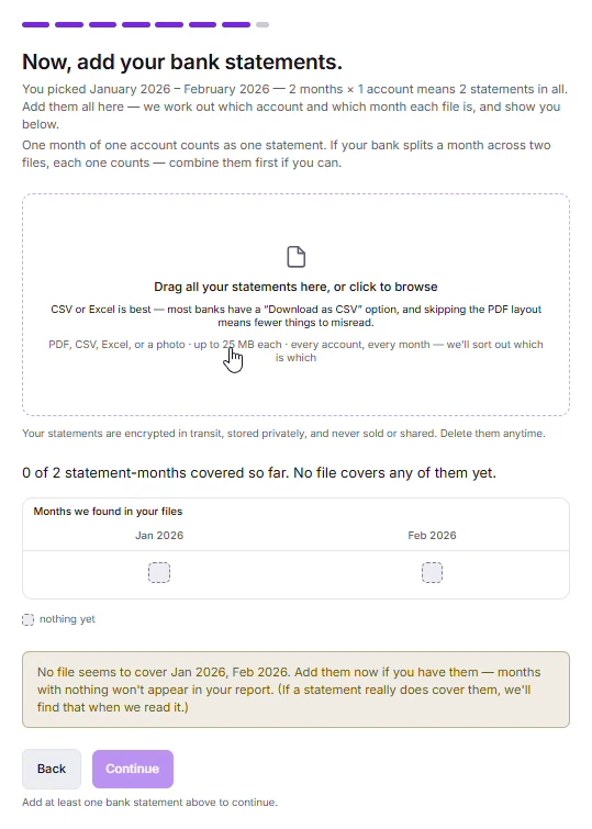 The upload step reporting 0 of 2 statement-months covered so far, with no file yet covering January or February 2026.