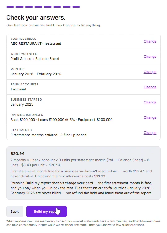 A summary screen showing $20.94 broken into 6 units at $3.49, the free first statement-month, and a note that nothing is charged when the report is built.