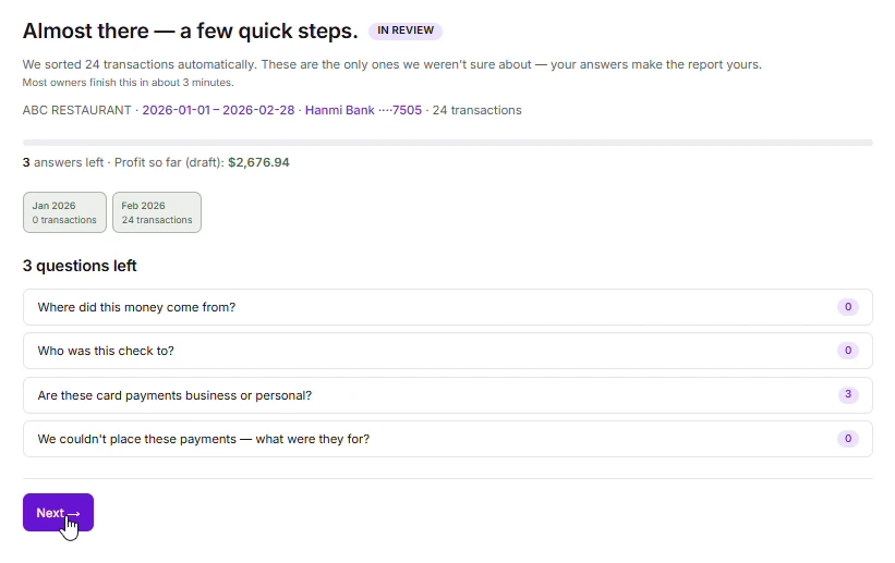The review screen: 24 transactions sorted automatically, three questions left, and month chips showing January with no transactions and February with 24.