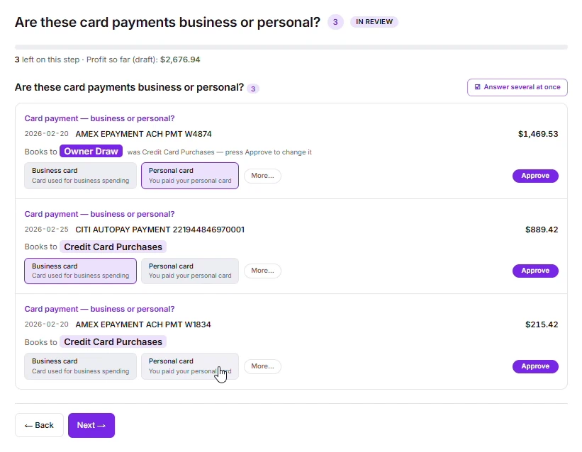 Three card payments awaiting a business-or-personal answer, each with an approve control.
