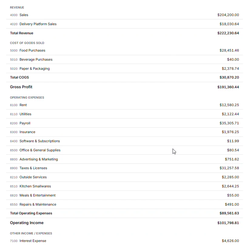 A finished profit and loss statement with account codes, revenue, cost of goods sold, operating expenses and net income.